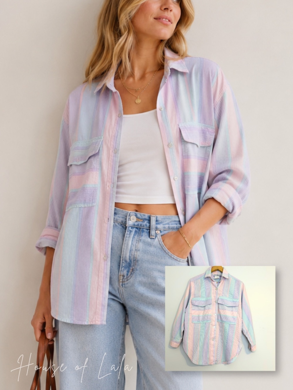 Vintage Pastel Stripe Button Down Shirt Coastal Grandma Beachy Cottagecore M